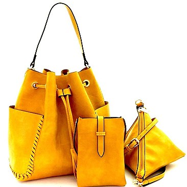 MH-LF166  CHILLX Whipstitched 3 in 1 Drawstring Bucket Hobo SET
