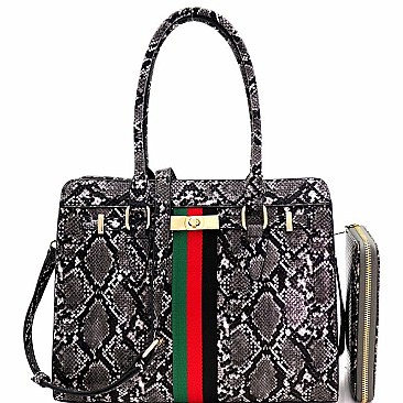 STRIPED SNAKE PRINT STRUCTURED TOTE WALLET SET