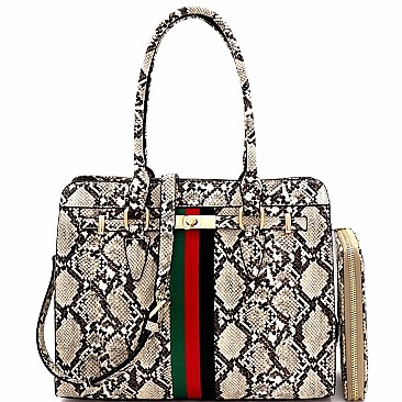 STRIPED SNAKE PRINT STRUCTURED TOTE WALLET SET