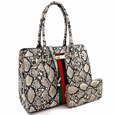 STRIPED SNAKE PRINT STRUCTURED TOTE WALLET SET