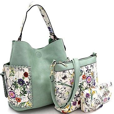 3 in 1 Flower Butterfly Print Whipstitched Hobo Wallet SET
