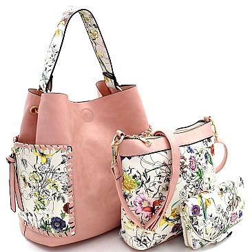 3 in 1 Flower Butterfly Print Whipstitched Hobo Wallet SET