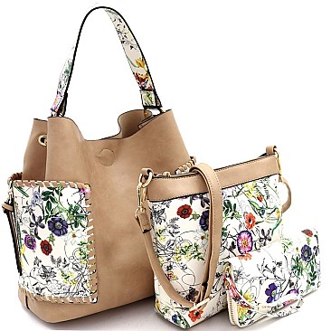 3 in 1 Flower Butterfly Print Whipstitched Hobo Wallet SET