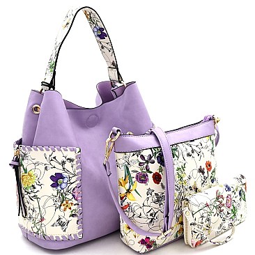 3 in 1 Flower Butterfly Print Whipstitched Hobo Wallet SET