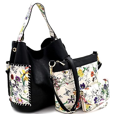 3 in 1 Flower Butterfly Print Whipstitched Hobo Wallet SET