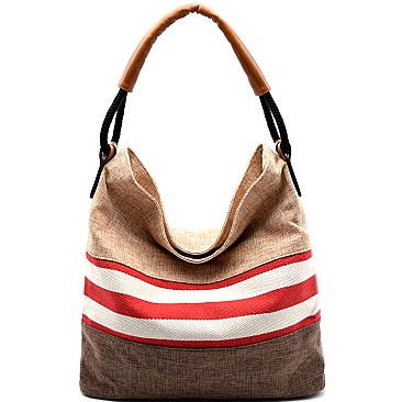 LG0015-LP Color Block Stripe Print Linen Hobo