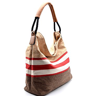 LG0015-LP Color Block Stripe Print Linen Hobo