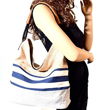 LG0015-LP Color Block Stripe Print Linen Hobo