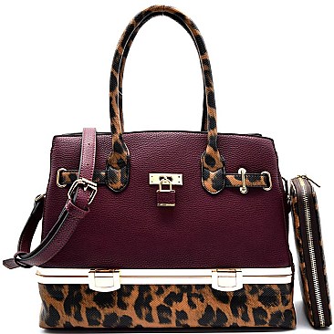 [S]LH0491W-LP Leopard Trim Bottom Compartment Satchel SET