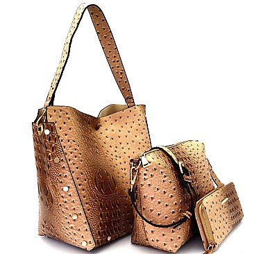 [S]LHU0401W-LP Ostrich Print Embossed 3 in 1 Hobo Wallet SET