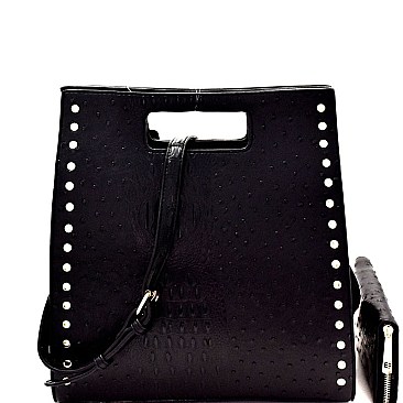 Stud Accent Ostrich Embossed Satchel Wallet SET  MH-LHU1341W