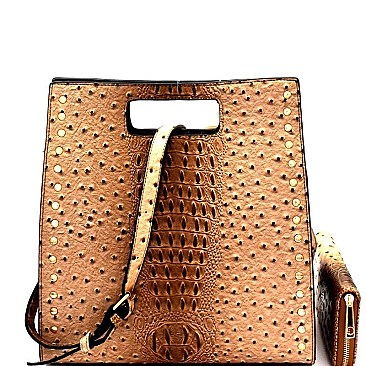 Stud Accent Ostrich Embossed Satchel Wallet SET  MH-LHU1341W