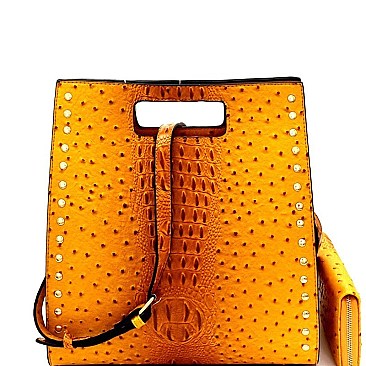 Stud Accent Ostrich Embossed Satchel Wallet SET  MH-LHU1341W