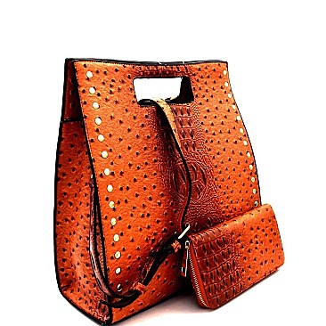 Stud Accent Ostrich Embossed Satchel Wallet SET  MH-LHU1341W