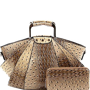 Metal Handle Ostrich Print Satchel Wallet SET MH-LHU1971W