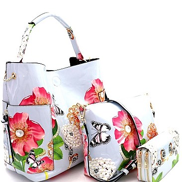 Fashionable Flower Butterfly Print Patent 3 in 1 Hobo Wallet SET MH-LHU2042W
