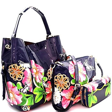Fashionable Flower Butterfly Print Patent 3 in 1 Hobo Wallet SET MH-LHU2042W
