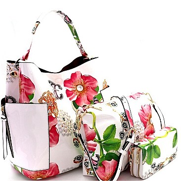 Fashionable Flower Butterfly Print Patent 3 in 1 Hobo Wallet SET MH-LHU2042W