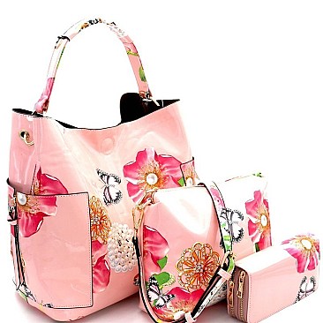 Fashionable Flower Butterfly Print Patent 3 in 1 Hobo Wallet SET MH-LHU2042W