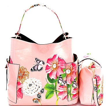 Fashionable Flower Butterfly Print Patent 3 in 1 Hobo Wallet SET MH-LHU2042W