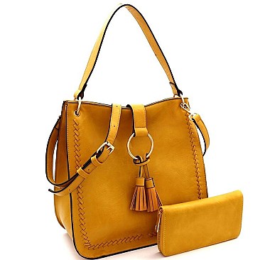 Stylish Tassel Ring Accent Whipstitched Hobo Wallet SET MH-LHU2161W