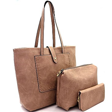 Fashionable Stitch Accent Pocket 3 in 1 Shopper Tote Value SET MH-LHU2231W