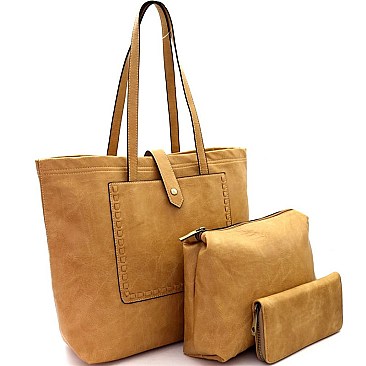 Fashionable Stitch Accent Pocket 3 in 1 Shopper Tote Value SET MH-LHU2231W