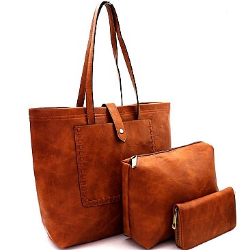 Fashionable Stitch Accent Pocket 3 in 1 Shopper Tote Value SET MH-LHU2231W