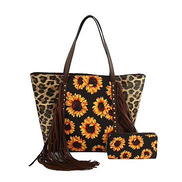 Leopard-Cow-Sunflower Printed Fringed 2-in-1 Shopper