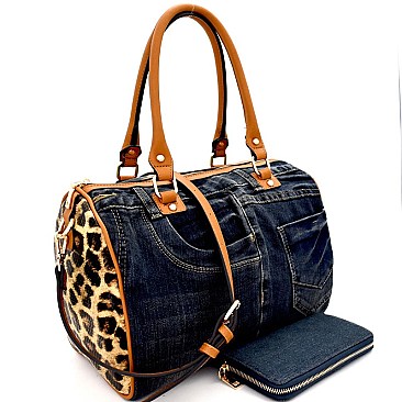 LI0031W-LP Jean Inspired Leopard Boston Satchel Wallet SET Denim