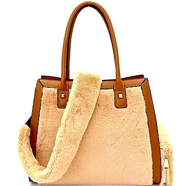 Faux-Fur Strap Accent Satchel Wallet SET MH-[S]LJL0031W