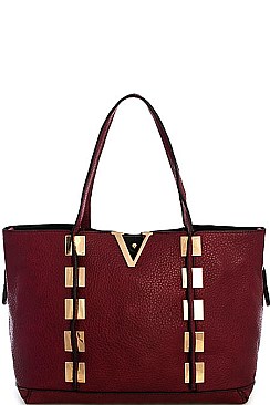 V METAL ACCENT High Quality Faux Leather Tote