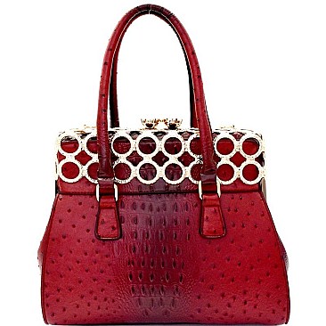 LJQ019-LP Metal Ring Accent Ostrich Embossed Jewel-Top Satchel