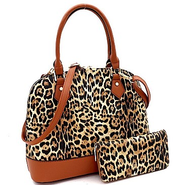 Leopard Print 2-Way Dome Satchel Wallet SET