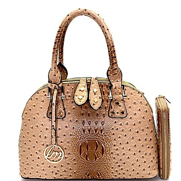[S]LMS0111W-LP Ostrich Embossed Satchel SET with Wallet