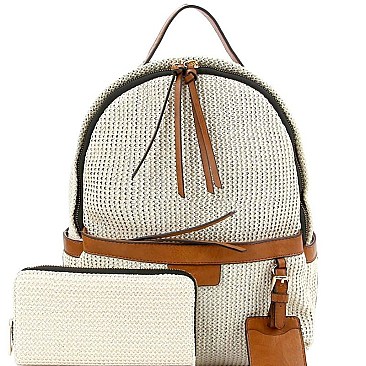 Fashionable Knitted Straw Multi-Pocket Fashion Backpack Wallet SET MH-LMS0791W