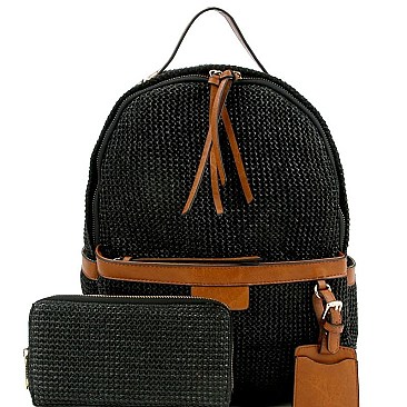 Fashionable Knitted Straw Multi-Pocket Fashion Backpack Wallet SET MH-LMS0791W