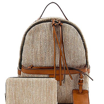 Fashionable Knitted Straw Multi-Pocket Fashion Backpack Wallet SET MH-LMS0791W