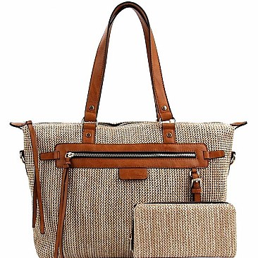 Trendy Knitted Straw Two-Tone Tote Wallet SET MH-LMS0801W