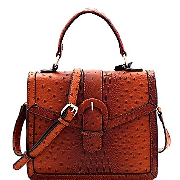 Buckle Accent Ostrich Embossed Flap Satchel MH-LMS089
