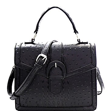 Buckle Accent Ostrich Embossed Flap Satchel MH-LMS089