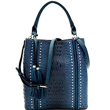 Studded Tassel Accent Ostrich Print 2-Way Hobo