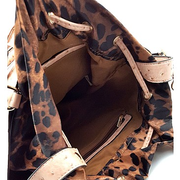 LP048-LP Leopard & Ostrich Drawstring Bucket Tote Wallet SET