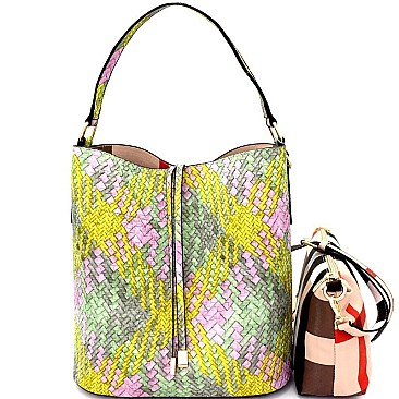 LP062P-LP Multi-Color Woven Print 2 in 1 Hobo with Plaid Print Crossbody