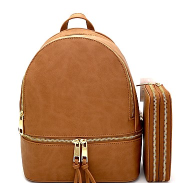 Multi Compartment Backpack SET with Double Zipper Wallet