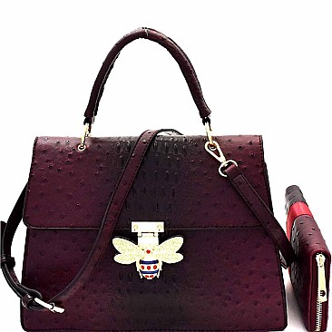 WHOLESALE Bee Charm Ostrich Flap Satchel 