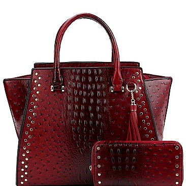 STUDDED WING OSTRICH PRINT SATCHEL WALLET SET