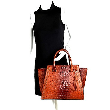 STUDDED WING OSTRICH PRINT SATCHEL WALLET SET