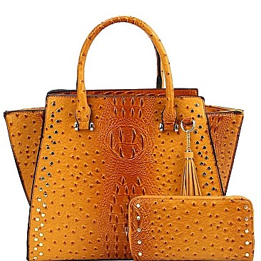 STUDDED WING OSTRICH PRINT SATCHEL WALLET SET