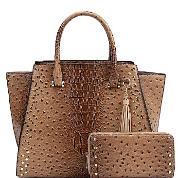 STUDDED WING OSTRICH PRINT SATCHEL WALLET SET